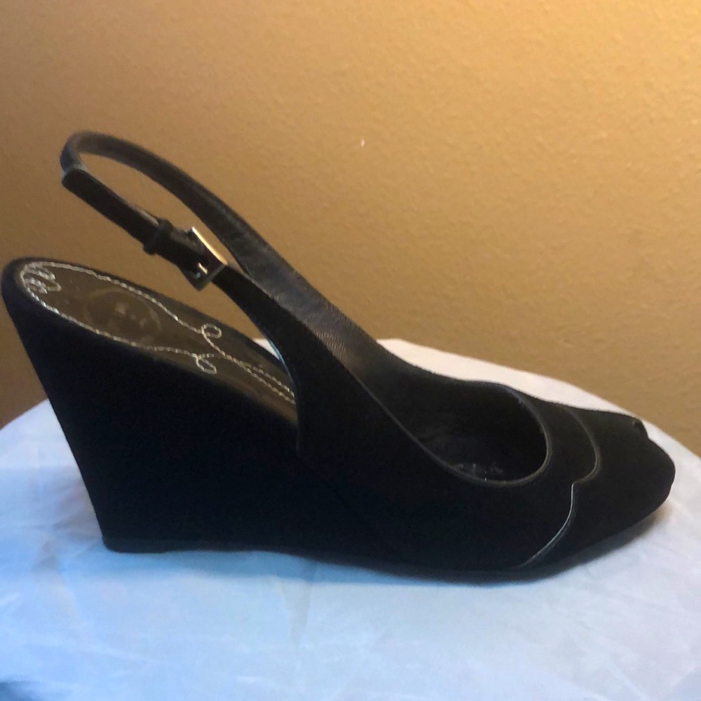 Prada Black Suede Peep-Toe Slingback Wedge Heels - Picture 4 of 8